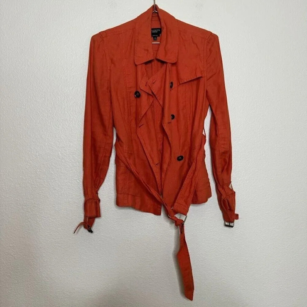 Talbots Orange Irish Linen Trench Coat Button Belted Summer Spring Jacket Sz 4P - Picture 3 of 14